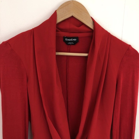 Bebe Red Deep V Body Suit Jumpsuit Sheer Front Long Sleeve One Piece Women Small - Picture 2 of 11